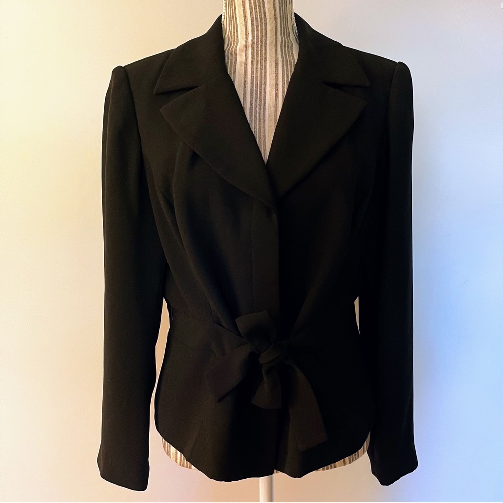 Talbots black blazer classic funeral chic office suit jacket size 14P tie front